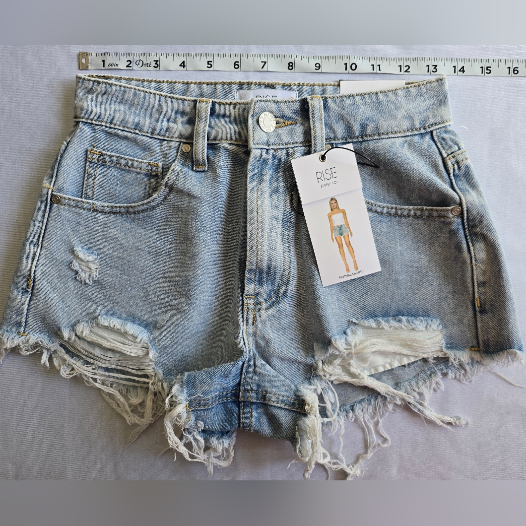 Rise Light Wash Blue Distressed Denim Festival Shorts Size 5 — image 3 of 8